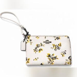🌼Coach Floral Wristlet White Yellow Gray Leather Zip Pouch